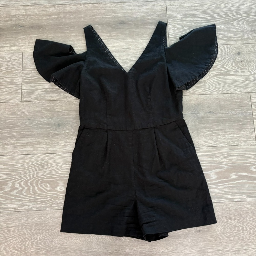 Anthropologie Elevenses‎ Womens Black Cold Shoulder Flutter Sleeve Romper Size 2